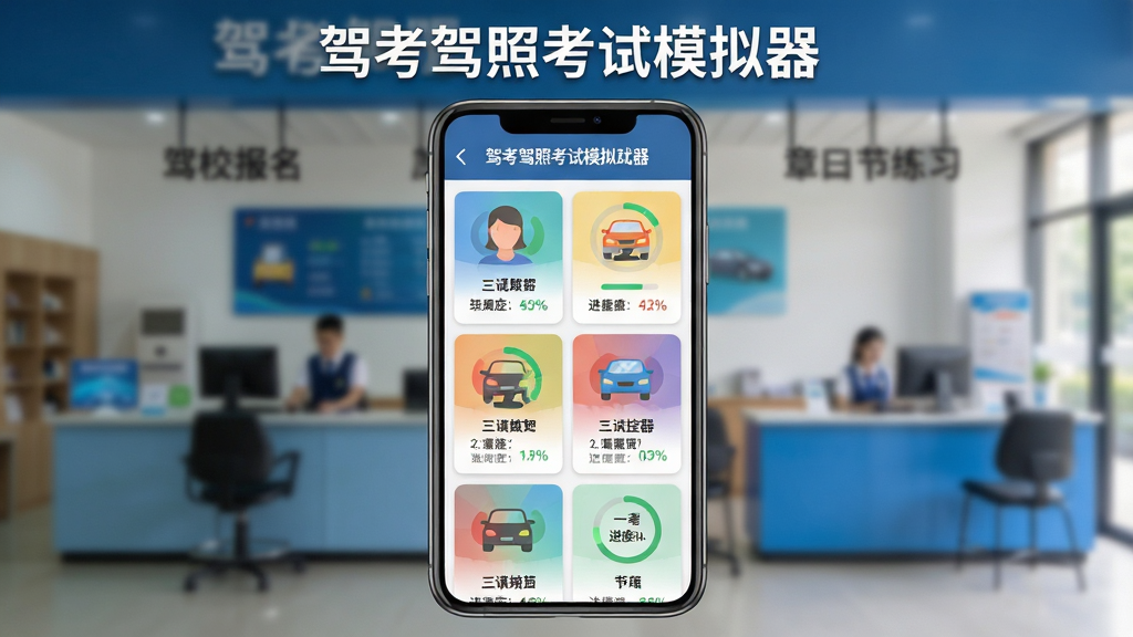 驾考驾照考试模拟器章节练习选择界面,手机屏幕显示多个章节卡片和进度百分比,背景为驾校报名大厅虚化场景,画面中有驾考驾照考试模拟器字样出现在界面顶部,布局为手机正面展示,排版为网格状章节卡片,风格为现代扁平化设计,细节包含章节图标的彩色搭配和进度环,画质高清,干净无多余元素