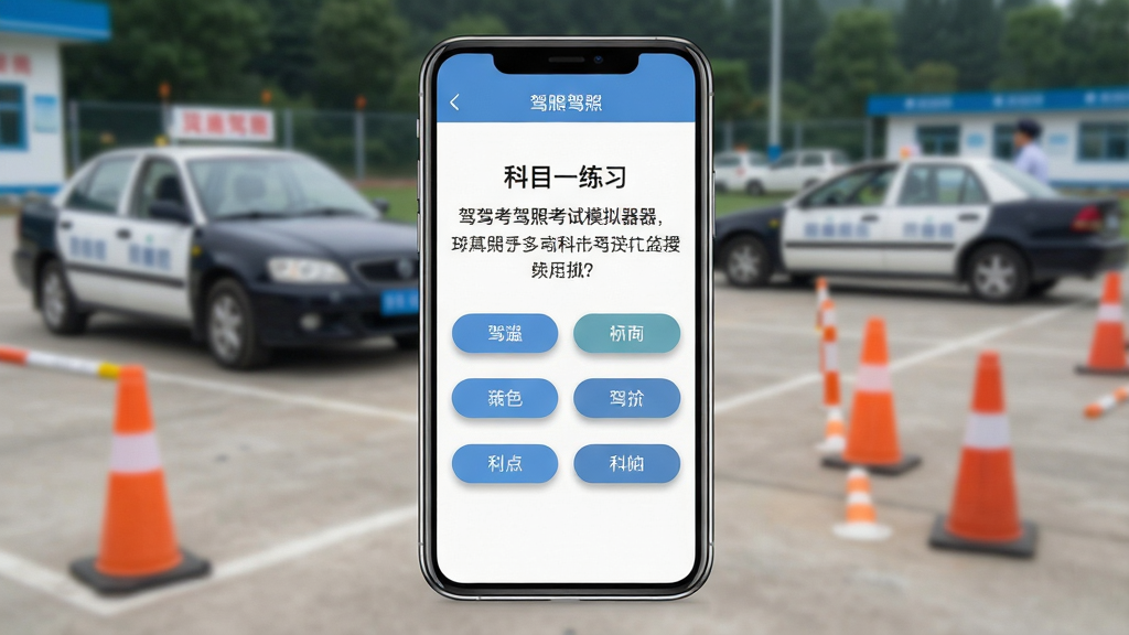 一张展示驾考驾照考试模拟器应用主界面的场景图,画面中央放置一部智能手机,屏幕显示驾考驾照考试模拟器的科目一练习界面,界面中有题目文字和四个选项按钮,背景为简洁的驾校训练场虚化场景,有教练车和锥桶元素,布局为居中构图,排版突出手机屏幕内容,风格为写实科技风,细节包含手机边框反光、界面按钮的圆角与阴影、背景景深虚化,画质为高清1080P,干净无多余元素