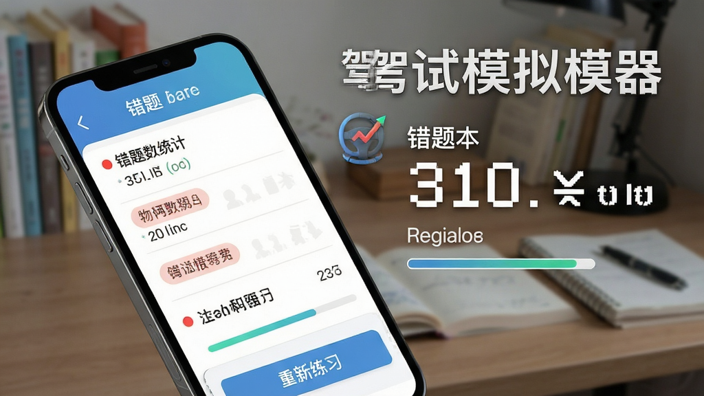驾考驾照考试模拟器错题本功能展示图,手机屏幕显示错题列表和重新练习按钮,背景为书房学习桌场景虚化,画面中有驾考驾照考试模拟器文字标识,布局为手机倾斜展示,排版突出错题数量统计,风格为清新学习风,细节包含错题标签的红色圆点提醒和进度条,画质高清,干净无多余元素
