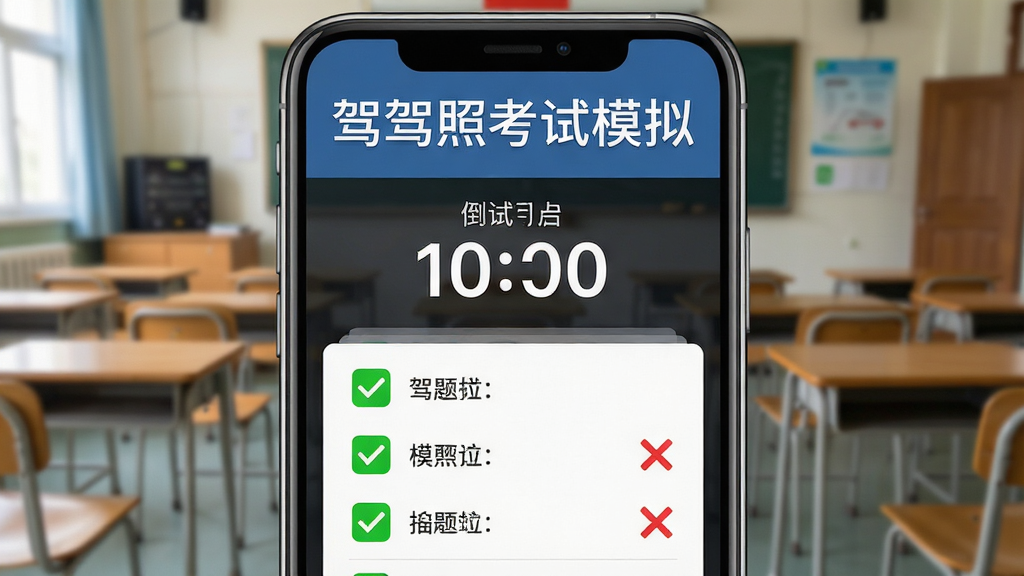 驾考驾照考试模拟器全真模拟考试界面,手机屏幕显示考试倒计时和答题卡,背景为考场教室环境虚化,画面中有驾考驾照考试模拟器字样出现在手机屏幕上方,布局为手机居中,排版简洁,风格为教育类应用展示风,细节包含答题卡选项的绿色对勾标记和红色叉号标记,画质高清,干净无多余元素