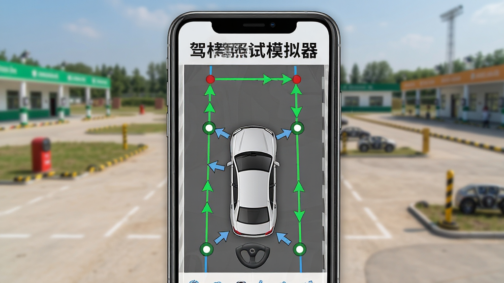 驾考驾照考试模拟器科目二倒车入库技巧图解页面,手机屏幕显示车辆与库位线的俯视图和点位标注,背景为驾校训练场地实景虚化,画面中有驾考驾照考试模拟器文字,布局为手机竖屏展示,排版为图文上下结构,风格为教学示意图风格,细节包含方向盘转动方向箭头和参考线,画质高清,干净无多余元素