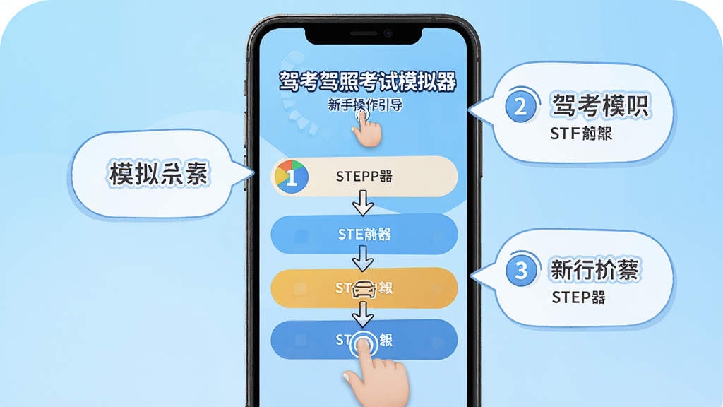 驾考驾照考试模拟器新手操作引导界面,手机屏幕显示分步操作提示气泡,背景为浅蓝色渐变,画面中有驾考驾照考试模拟器名称和手指点击图标,布局为手机居中,排版为上下步骤条,风格为插画引导风,细节包含步骤数字圆圈和箭头指示,画质高清,干净无多余元素