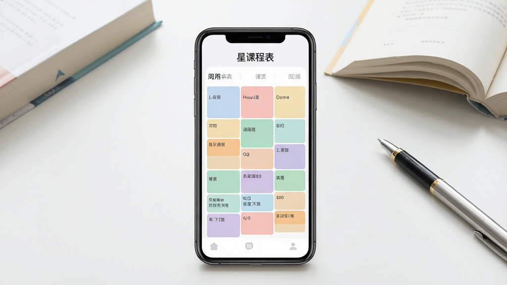一张展示星课程表手机应用主界面的图片,画面中央是一部竖屏智能手机,屏幕内显示着色彩柔和的周课程表格,不同课程用不同颜色的色块区分,顶部有“星课程表”文字标识,背景为干净的书桌桌面,旁边放着书本和笔,风格清新简约,细节清晰,画质高清,无多余元素