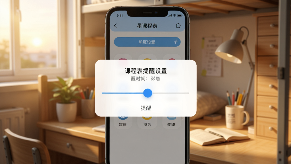 一张展示星课程表提醒设置的界面截图,手机屏幕中央弹出提醒时间设置滑块,背景是清晨的宿舍桌面,风格温馨,细节清晰,画质高清,无多余元素