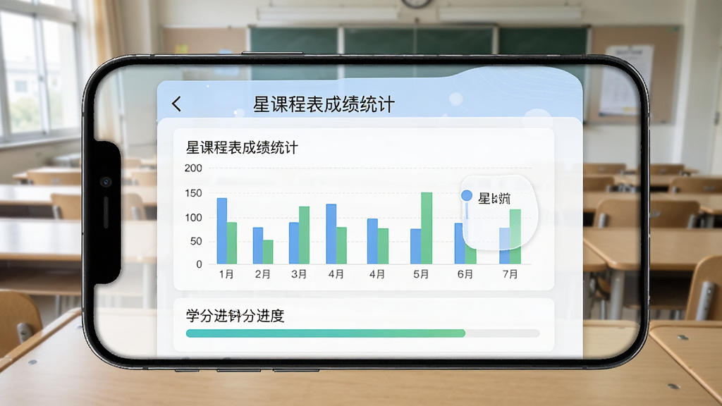 一张展示星课程表成绩统计页面的界面截图,手机屏幕显示柱状图和学分进度条,背景是大学教室课桌,风格清新,细节清晰,画质高清,无多余元素