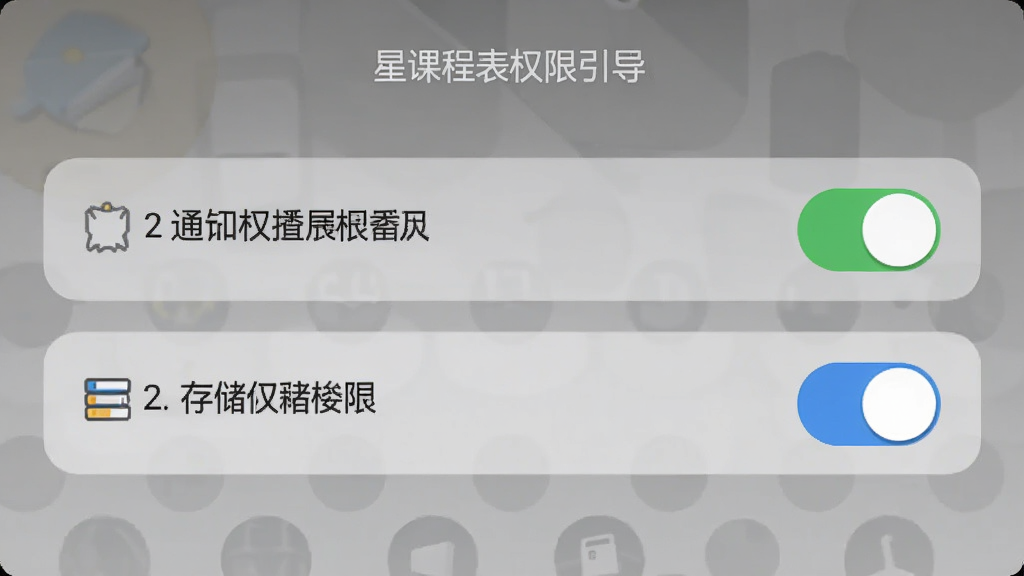一张展示星课程表权限设置引导页面的手机截图,屏幕中显示通知权限和存储权限的开关按钮,背景是简洁的灰色渐变,风格清晰,细节明确,画质干净,无多余元素