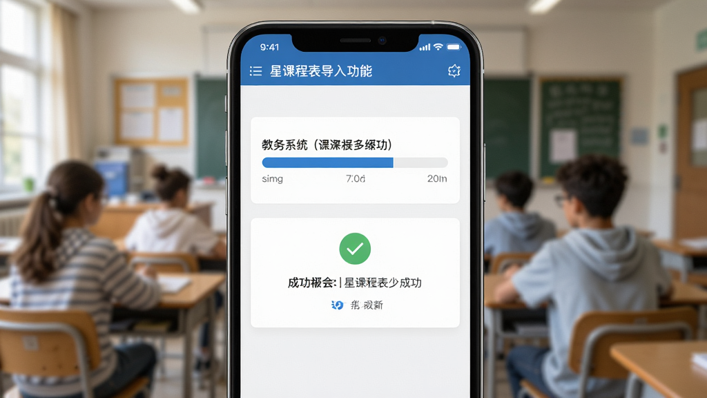 一张展示星课程表导入功能的界面截图,画面中手机屏幕显示从教务系统导入课程的进度条和成功提示,背景是模糊的教室场景,风格写实,细节清晰,画质干净,无多余元素