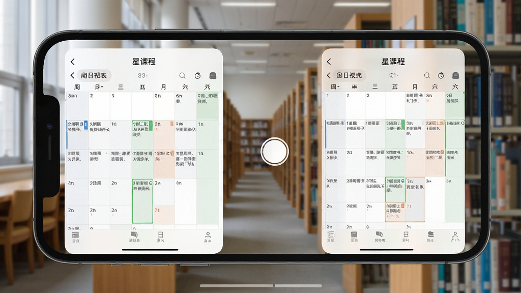 一张展示星课程表多种视图切换的界面截图,手机屏幕同时呈现周视图和日视图的缩略图,背景是图书馆书架,风格简约,细节清晰,画质干净,无多余元素