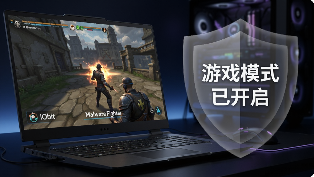 һ��չʾ IObit Malware Fighter ��Ϸģʽ�ĸ���ͼ����������һ̨����������Ϸ�ıʼǱ����ԣ���Ļ�Ա���һ����͸���Ķ���ͼ����ʾ����Ϸģʽ�ѿ������������ǰ�ɫ���ĵ羺��񣬻����������ɾ��޶���Ԫ��