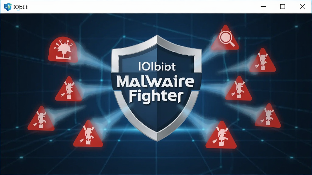 һ��չʾ IObit Malware Fighter ����������ĸ���ͼ������������������־�ԵĶ���ͼ�꣬��Χ�����Ŵ���ľ������������������ĺ�ɫ����ͼ�����ڱ����Ʒ����Ĺ�â����������������ɫ�ĿƼ������񣬷����רҵ�������������ɾ��޶���Ԫ��