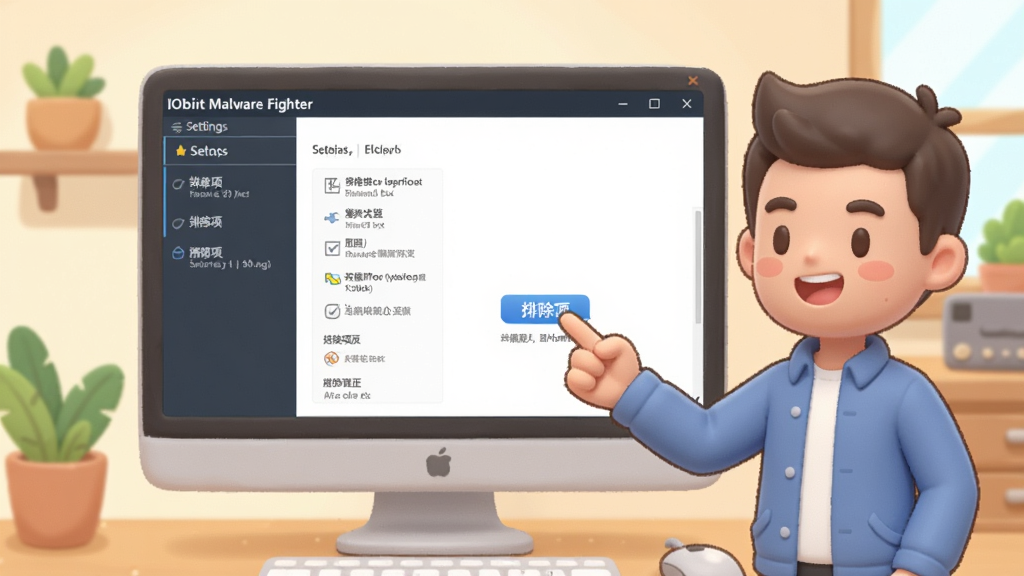 һ��չʾ IObit Malware Fighter ʹ�ü��ɵ�ʾ��ͼ����������һ̨������Ļ����Ļ����ʾ�����������ý��棬�Ա���һ����ͨ������������ָ����Ļ�ϵġ��ų����ť����������ܰ�ľӼҰ칫������������ɻ��ã������������ɾ��޶���Ԫ��