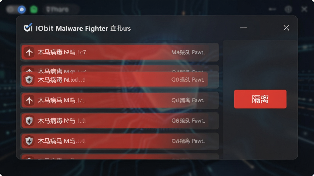 һ��չʾ IObit Malware Fighter ��ɱ�������ĸ���ͼ����������һ���б����ڣ������ú�ɫ������ע�˶��ľ���������ƣ��Ա���һ����Ŀ�ġ����롱��ť����������ɫ��͸����ë����Ч��������ִ���࣬�����������ɾ��޶���Ԫ��