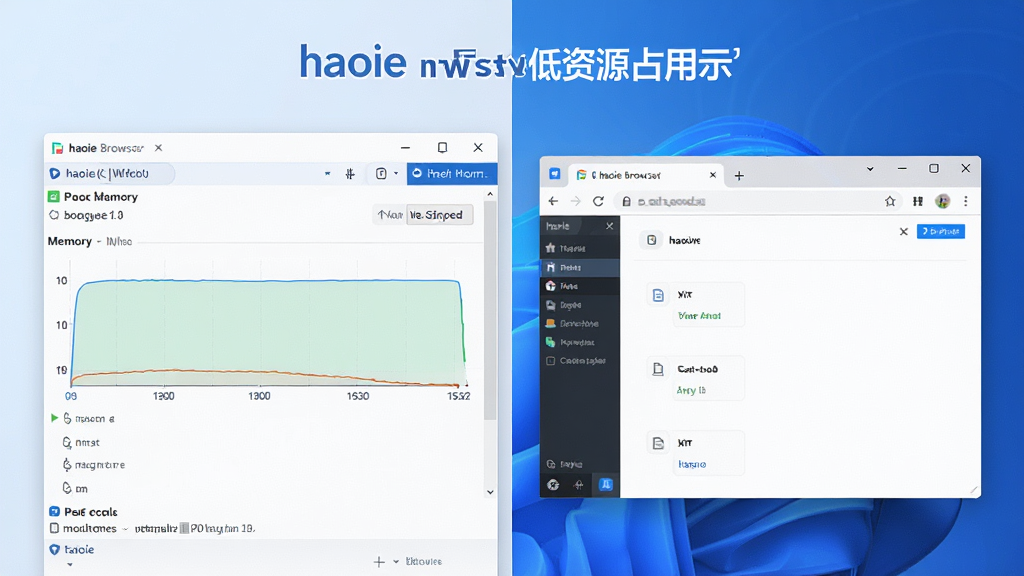 一张体现haoie浏览器低资源占用的示意图,画面主体为电脑任务管理器与浏览器窗口并排展示,布局左右分栏,风格为清爽科技风,细节包括内存占用曲线平缓、浏览器界面简洁,画质清晰干净,无多余元素