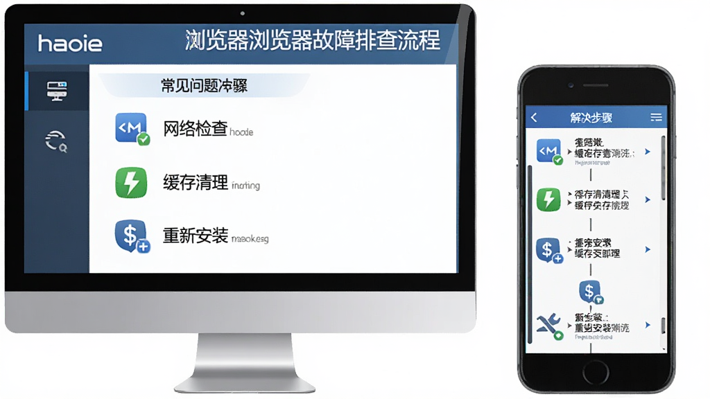 一张展示haoie浏览器故障排查流程的示意图,画面主体为电脑屏幕与手机屏幕并排,屏幕上显示常见问题列表与解决步骤,布局左右对比,风格为科技教程风,细节包括网络检查、缓存清理、重新安装等图标,画质清晰干净,无多余元素