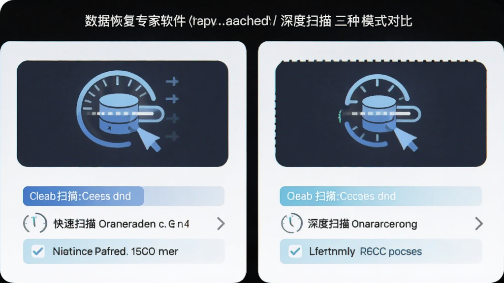 数据恢复专家软件中快速扫描和深度扫描两种模式对比示意图,主体为两个并列的扫描模式卡片,布局左右对称,排版简洁,风格扁平化科技风,细节包括扫描图标、时间预估、适用场景文字说明,画质清晰干净无多余元素