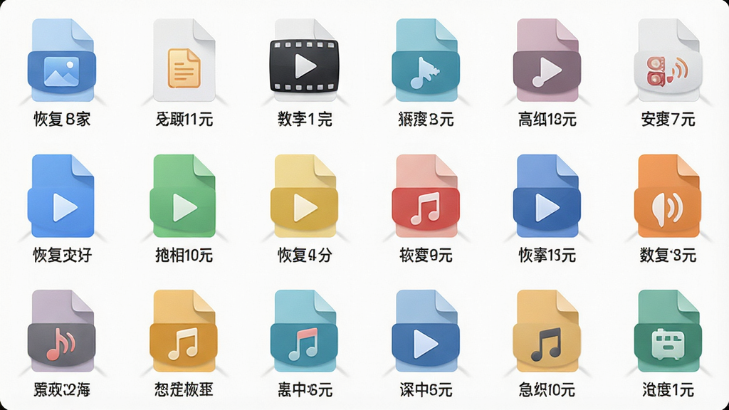 数据恢复专家软件支持的文件类型展示图,主体为多种文件格式图标整齐排列,布局为网格状,排版清晰,风格简约现代,细节包括图片、文档、视频、音频等分类图标和对应扩展名,画质高清干净无多余元素,图片中文字“数据恢复专家”