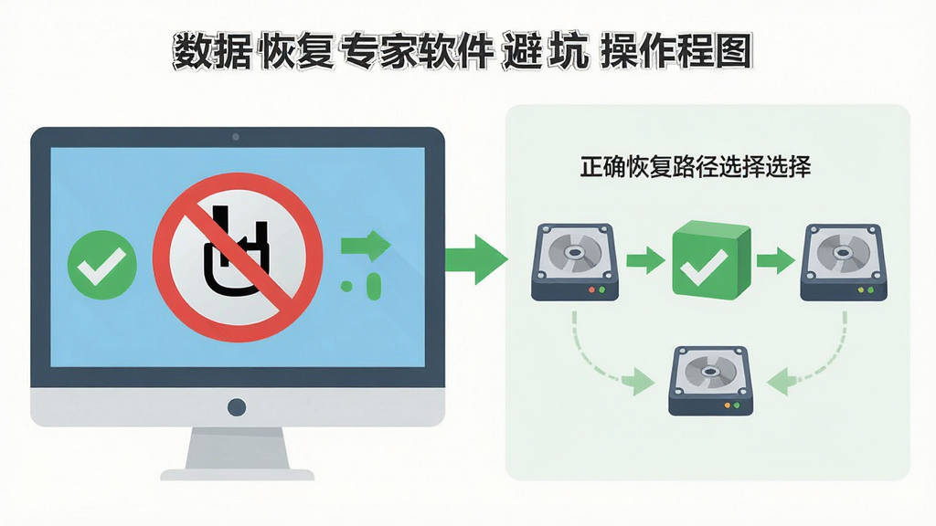 数据恢复专家软件避坑操作流程图,主体为电脑屏幕上显示禁止写入图标和正确恢复路径选择示意,布局为左右对比,排版清晰,风格扁平化信息图,细节包括红色禁止符号、绿色对勾、磁盘图标和箭头,画质干净无多余元素