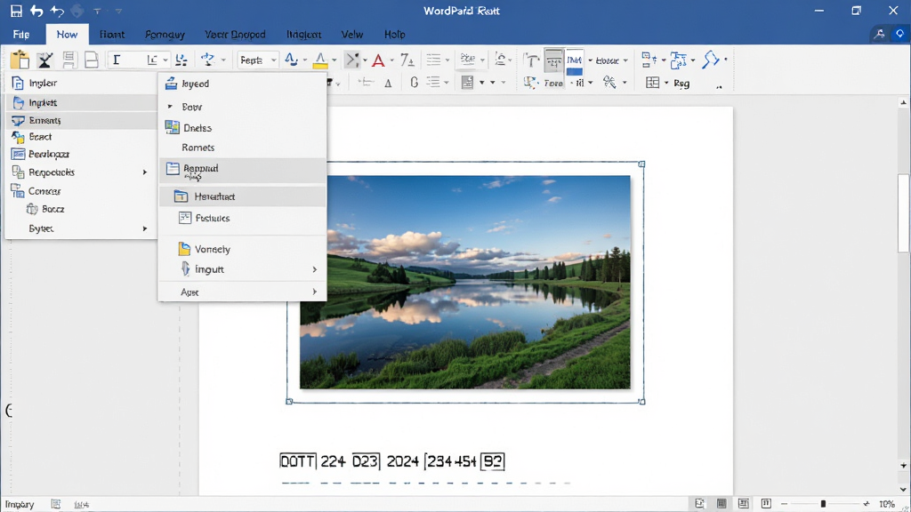 һ��չʾWordPad��������ܵ�ͼƬ��������WordPad�༭���ڣ��ĵ��в�����һ�ŷ羰ͼƬ������ʱ�䣬����Ϊ���й�ͼ�����Ϊ�ִ��칫�磬ϸ�ڰ�������˵������б����ĵ��е�ͼƬ�߿򣬻��ʸ��塢�ɾ����޶���Ԫ��