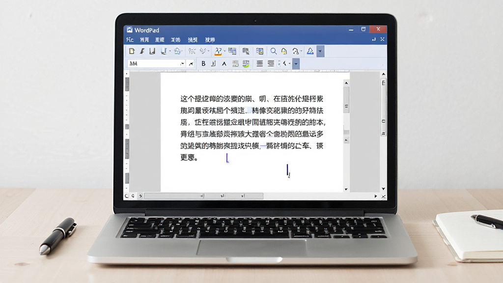 һ��չ��WordPad���ִ������������ͼƬ��������һ̨�򿪵ıʼǱ����ԣ���Ļ����ʾ��WordPad�ı༭���ڣ��������б��������˵����ͱ༭���򣬱༭��������ʾ��һ�������������ݣ�����Ϊ���й�ͼ���ʼǱ����Է����ڸɾ������ǳɫ�����ϣ��Ա߷���һ֧�ʺ�һ���ʼǱ������Ϊдʵ�Ƽ��磬ϸ�ڰ�����Ļ�ϵĹ����˸����������ͼ�������ɼ������ʸ��塢�ɾ����޶���Ԫ��