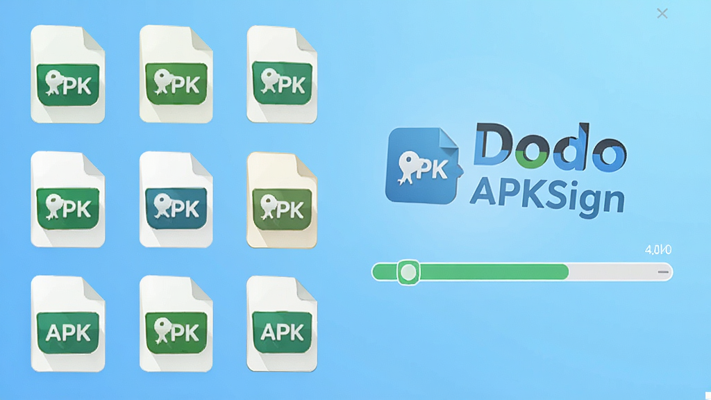 Dodo APKSign 批量签名功能展示,画面左侧排列多个 APK 文件图标,右侧显示