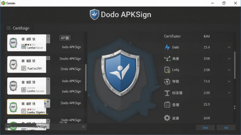 Dodo APKSign 证书管理界面,画面中央展示证书列表和盾牌图标,