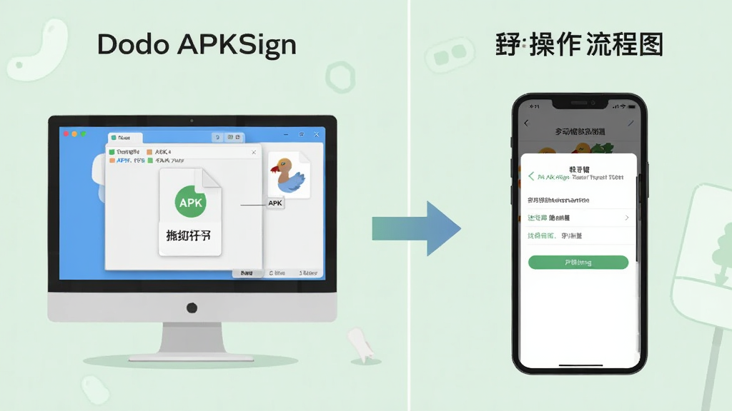Dodo APKSign 新手操作流程图,画面分为左右两部分,左侧显示电脑端拖拽 APK 文件到软件界面,右侧显示移动端权限设置页面,中间用箭头连接,背景为柔和浅绿色,风格清新扁平,画质高清,干净无多余元素