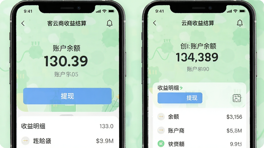 创客云商收益结算页面,手机屏幕展示账户余额数字与提现按钮,下方为收益明细列表,背景为浅绿色清新风格,风格为移动端金融应用界面,细节清晰,画质干净,无多余元素