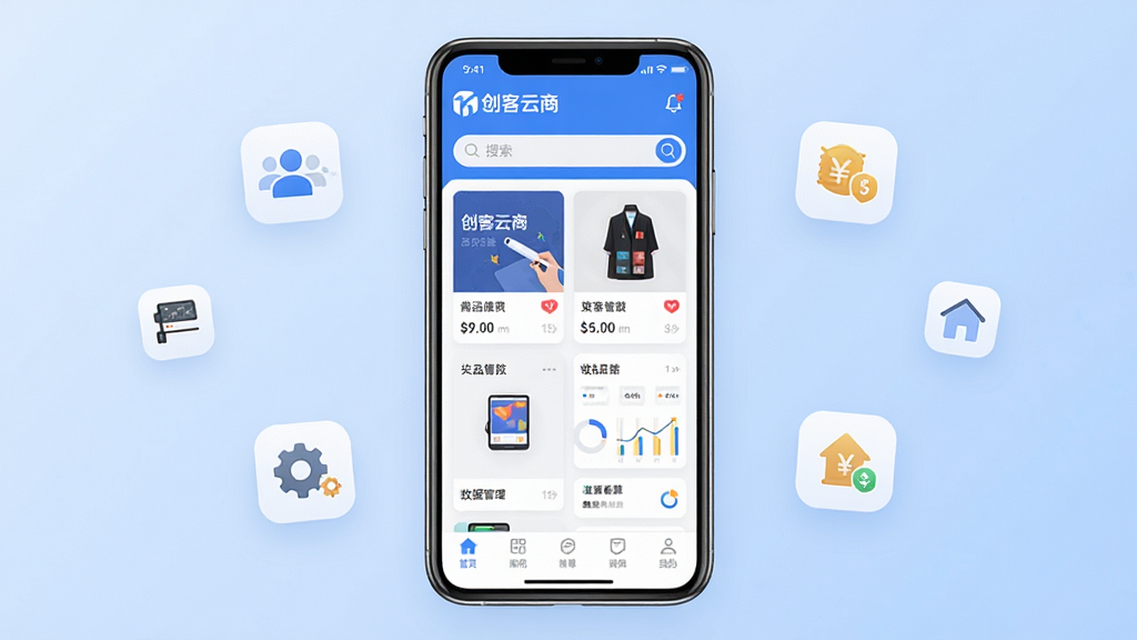 创客云商移动应用主界面展示,画面中央一部智能手机竖屏显示APP首页,页面顶部为品牌标识与搜索栏,中部为商品推广卡片与数据看板,底部为导航菜单栏,背景为浅蓝色渐变,周围漂浮简约图标代表团队管理与收益结算,风格为现代扁平化UI设计,细节清晰,画质干净,无多余元素