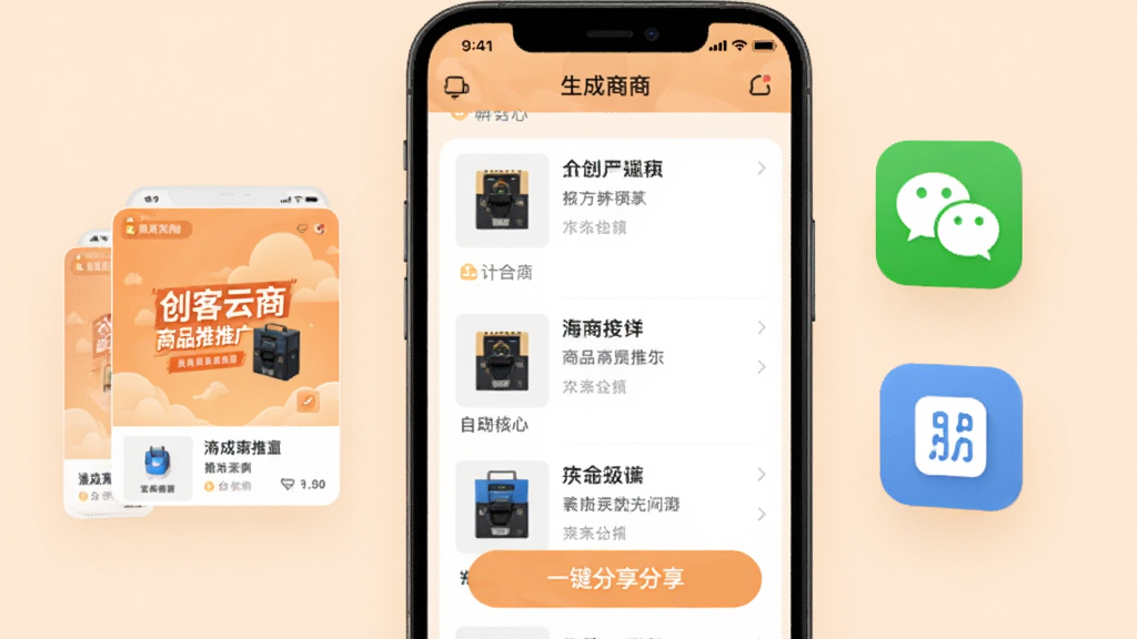 创客云商商品推广功能界面,手机屏幕中展示商品列表与一键分享按钮,画面右侧漂浮微信图标与朋友圈图标,左侧展示生成的推广海报缩略图,背景为柔和的浅橙色,风格为移动应用UI展示,细节精致,画质干净,无多余元素