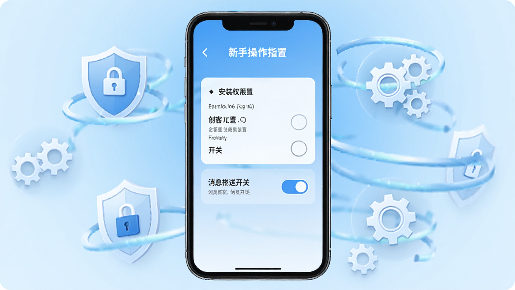 创客云商新手操作指引界面,手机屏幕显示安装权限设置与消息推送开关,周围环绕盾牌与齿轮图标代表安全设置,背景为浅蓝色渐变,风格为移动应用教程展示,细节清晰,画质干净,无多余元素