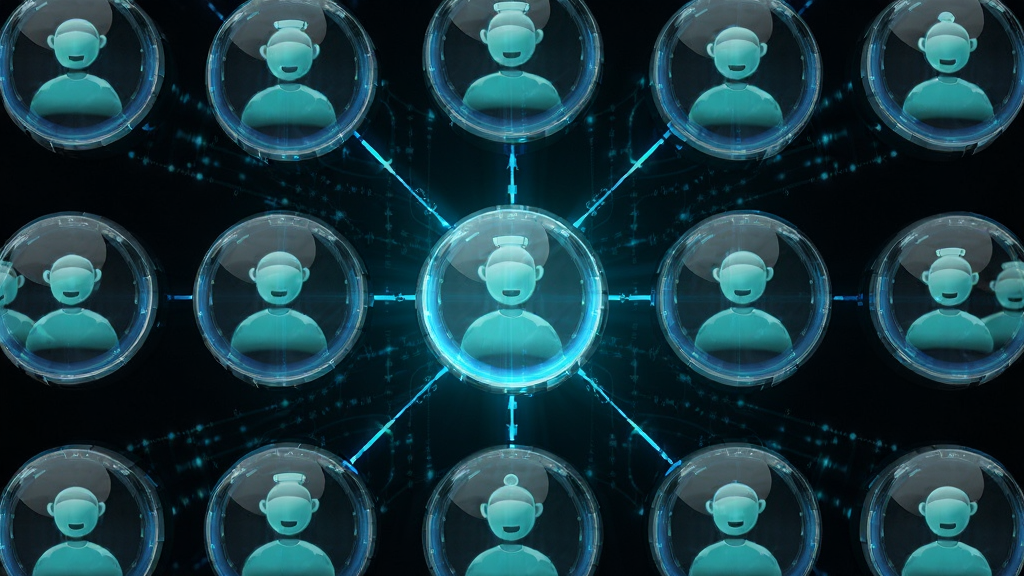 主体为多个圆形账号图标排列成矩阵形状,布局为中心一个发光的主控图标向外辐射连接线,排版为对称式放射状构图,风格为未来科技感,细节包括蓝绿色光效、透明玻璃质感图标、数据流动线条,画质高清,干净,无多余元素