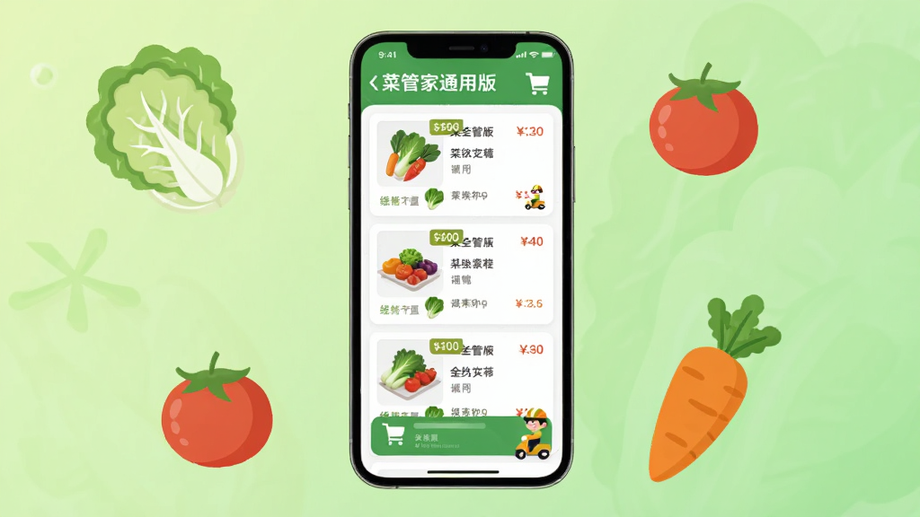 菜管家通用版手机应用界面展示,画面中央是一台竖屏智能手机,屏幕内呈现生鲜蔬菜商品列表与购物车图标,背景为浅绿色渐变,周围点缀白菜、番茄、胡萝卜等卡通蔬菜元素,整体布局简洁明快,风格清新扁平化,细节包括商品价格标签与配送骑手小图标,画质清晰干净,无多余文字与杂乱装饰