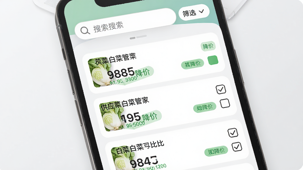 菜管家通用版实时比价功能界面,画面主体为手机屏幕展示三种不同供应商的白菜价格对比列表,屏幕上方有搜索框与筛选按钮,背景为白色与浅灰色搭配,风格简洁商务,细节包括价格数字、绿色降价标签与勾选对比框,画质清晰,无杂乱元素
