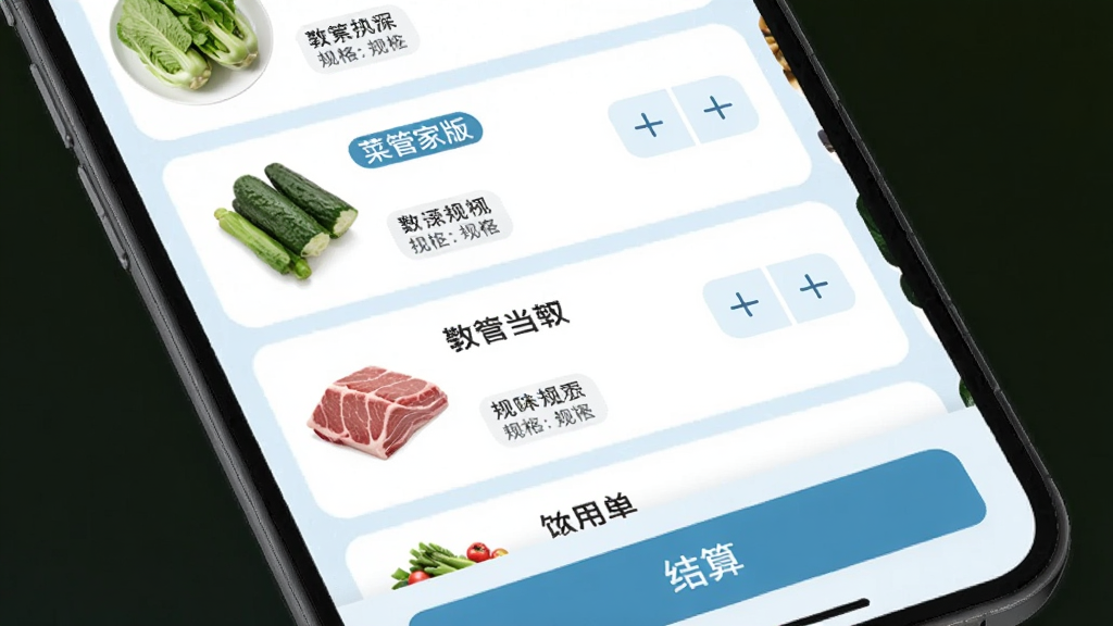 菜管家通用版批量下单界面,画面展示手机屏幕内购物车列表包含多种蔬菜与肉类商品,每项商品右侧有数量加减按钮,底部有结算按钮,背景为浅蓝色,风格现代简约,细节包括商品缩略图与规格标签,画质干净,无多余元素
