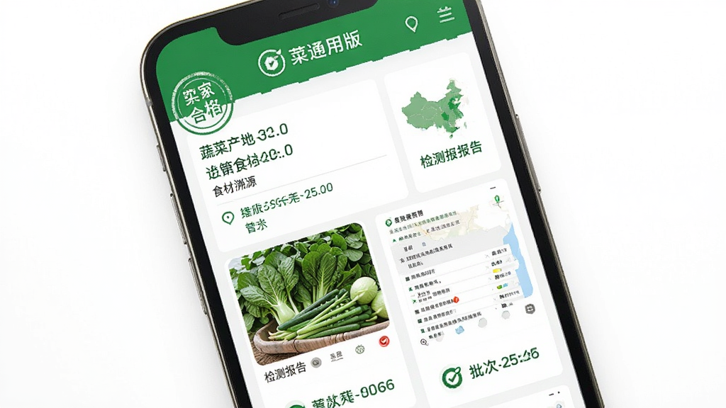 菜管家通用版食材溯源页面,画面展示手机屏幕内蔬菜产地信息与检测报告缩略图,背景为白色,风格干净专业,细节包括绿色合格印章、产地地图小图标与批次编号,画质清晰,无多余装饰