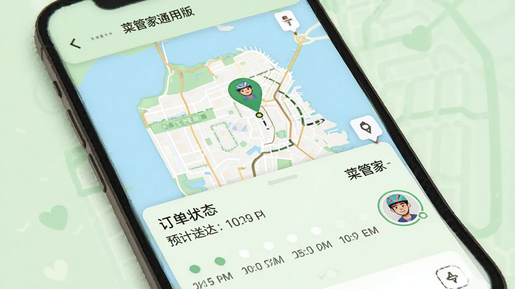 菜管家通用版配送追踪界面,画面为手机屏幕显示地图与配送员位置图标,下方有订单状态时间轴,背景为淡绿色,风格清新友好,细节包括路线虚线、预计送达时间文字与骑手头像,画质清晰,无杂乱元素
