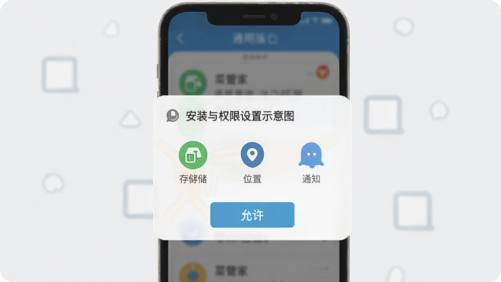 菜管家通用版安装与权限设置示意图,画面展示手机屏幕弹出权限请求对话框,背景为浅灰色,风格扁平化,细节包括存储、位置、通知三个权限图标与允许按钮,画质清晰,无多余文字