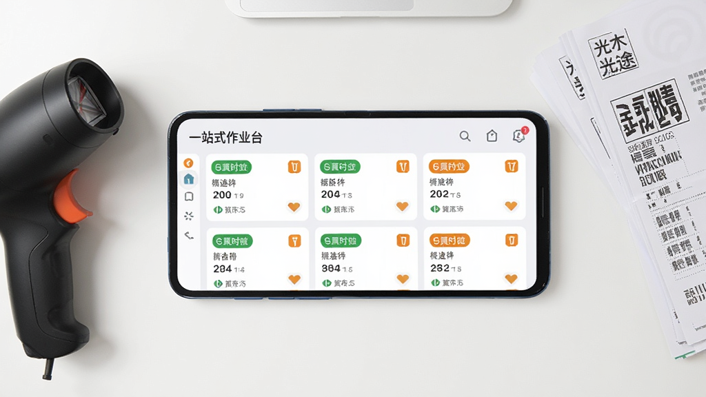 一部安卓手机横屏展示光途应用的一站式作业台界面,界面中排列着多个快递任务卡片,卡片上有绿色和橙色的时效标签,手机左侧放置一个快递扫码枪,右侧有一叠快递面单,背景为白色办公桌面,俯视角度,光线柔和,扁平化UI风格,画质清晰,干净,无多余元素