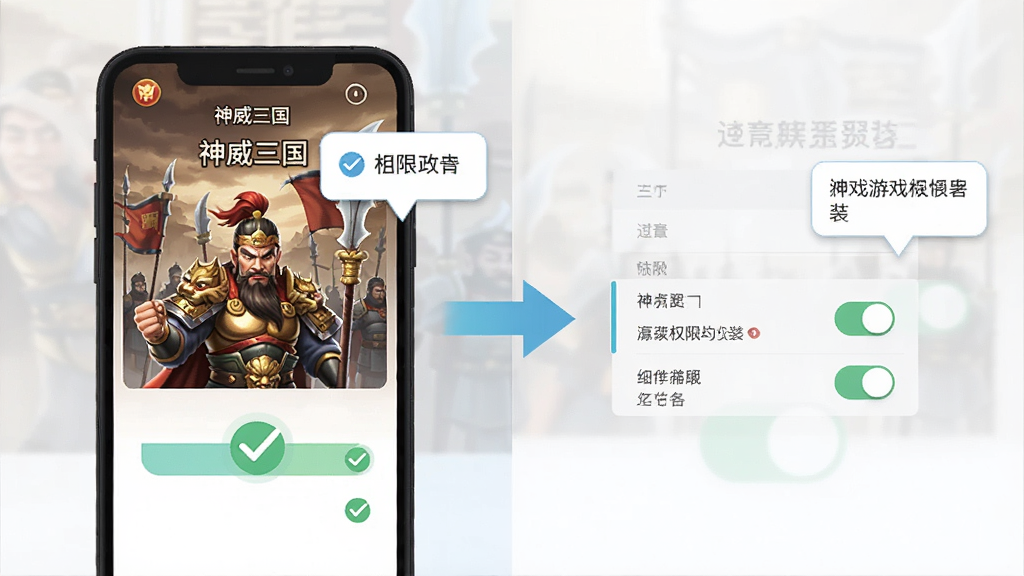 一张展示手机游戏安装步骤的示意图,画面中有一部智能手机,屏幕上显示