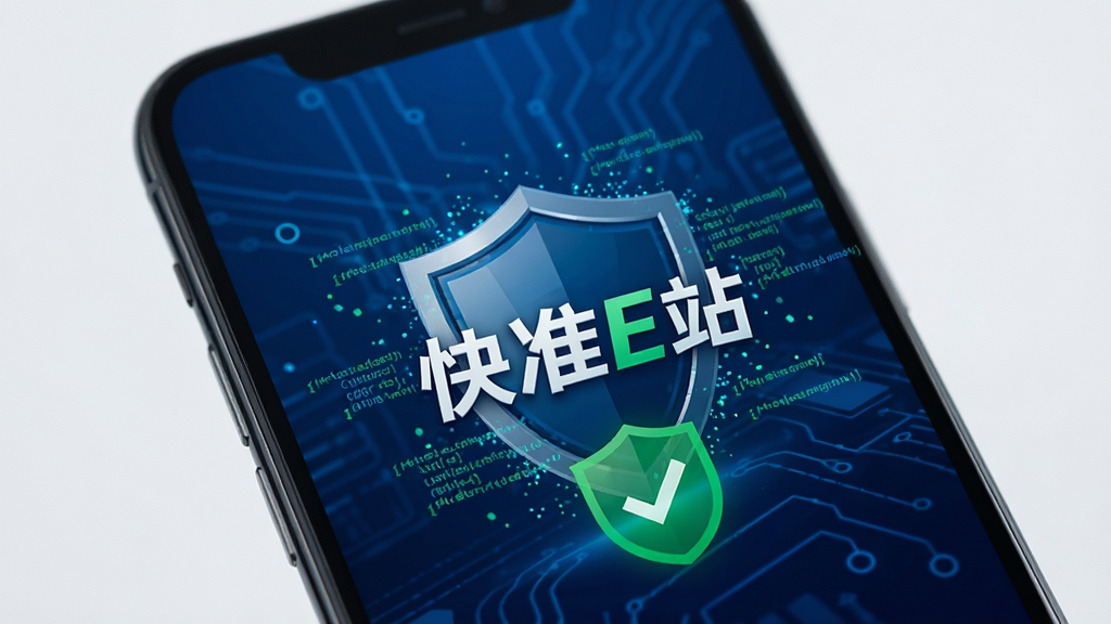 快准E站安全检测页面,手机屏幕显示盾牌图标和绿色安全标识,背景为深蓝色科技风格,画面中央有“快准E站”文字,盾牌周围有细小的代码粒子效果,整体干净利落,画质清晰,无多余元素