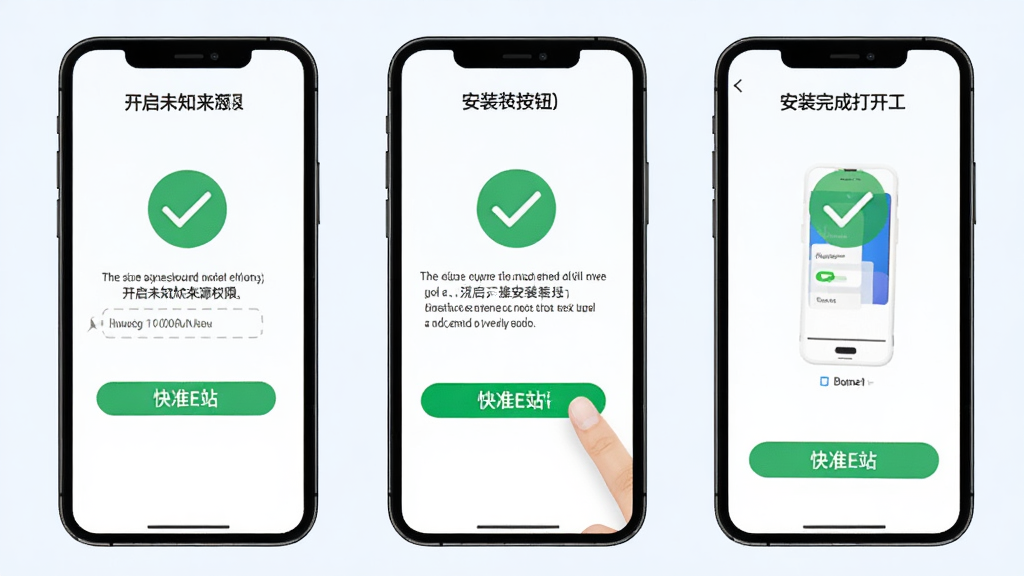 快准E站新手安装步骤示意图,画面分为三个并排的手机屏幕,分别展示开启未知来源权限、点击安装按钮、安装完成打开应用的流程,每步配有绿色对勾图标,背景为浅色,风格简洁明了,画面中有“快准E站”字样,画质清晰,干净无多余元素