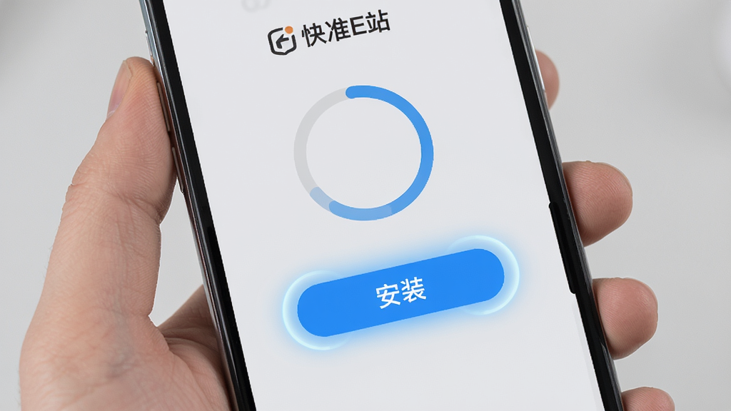 快准E站一键安装界面,手机屏幕中显示安装进度环和“安装”按钮,界面简洁,按钮为醒目的蓝色,周围有轻微的动效光晕,背景为浅灰色,画面中带有“快准E站”字样,画质高清,干净无多余元素