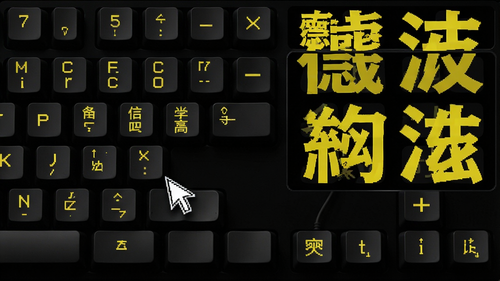 一张展示德深鼠标输入法大字符高对比度界面的图片,画面主体是一个巨大的虚拟键盘和超大号的候选字面板,布局占据屏幕主要位置,风格为高对比度黑底黄字设计,细节包括鼠标指针在巨大的字母键上,文字边缘清晰锐利,背景为纯黑色,画质锐利,干净,无多余元素