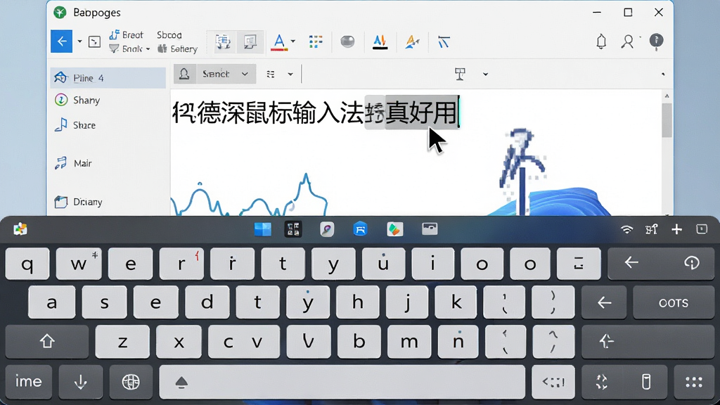 一张展示德深鼠标输入法在Windows 11系统下运行的实际效果图,画面主体是屏幕底部固定的虚拟键盘和上方打开的记事本应用,布局采用分屏展示,风格为现代办公写实风,细节包括记事本中已经通过鼠标点击输入了“德深鼠标输入法真好用”几个字,光标在闪烁,鼠标指针停留在“好”字的候选词上,画质清晰,干净,无多余元素