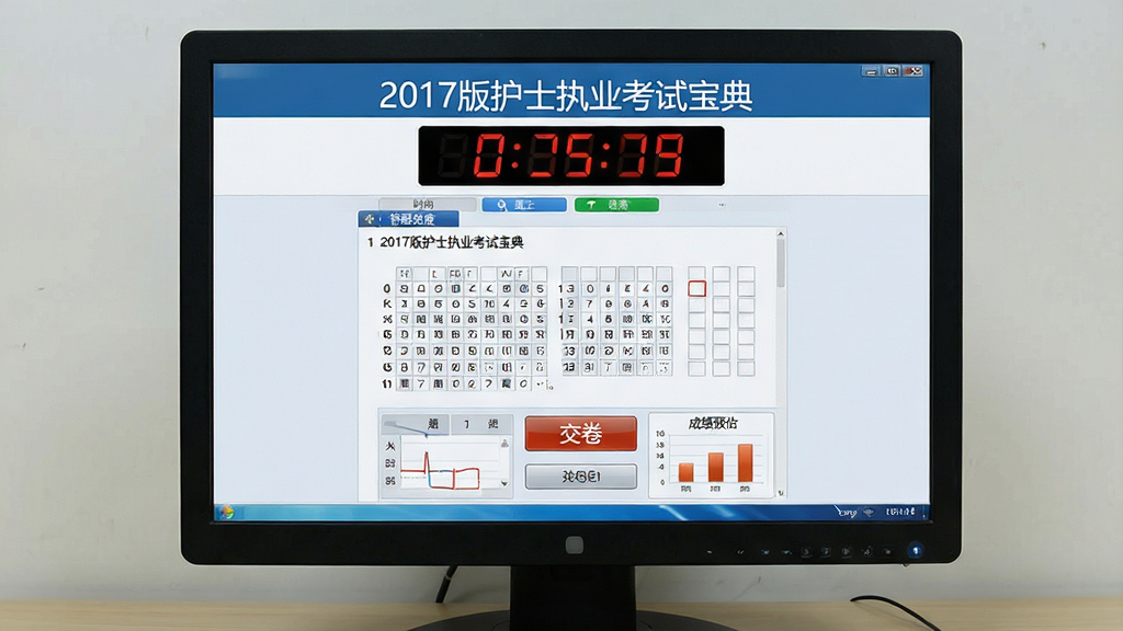 一张以“2017版护士执业考试宝典”模拟考场为主题的图片,主体为电脑屏幕显示倒计时与答题进度,布局为上方计时器、中间试题、下方答题卡,排版严谨规范,风格为考试系统界面风,细节包含时间数字、题号网格、交卷按钮与成绩预估区域,画质清晰,画面干净,无多余元素