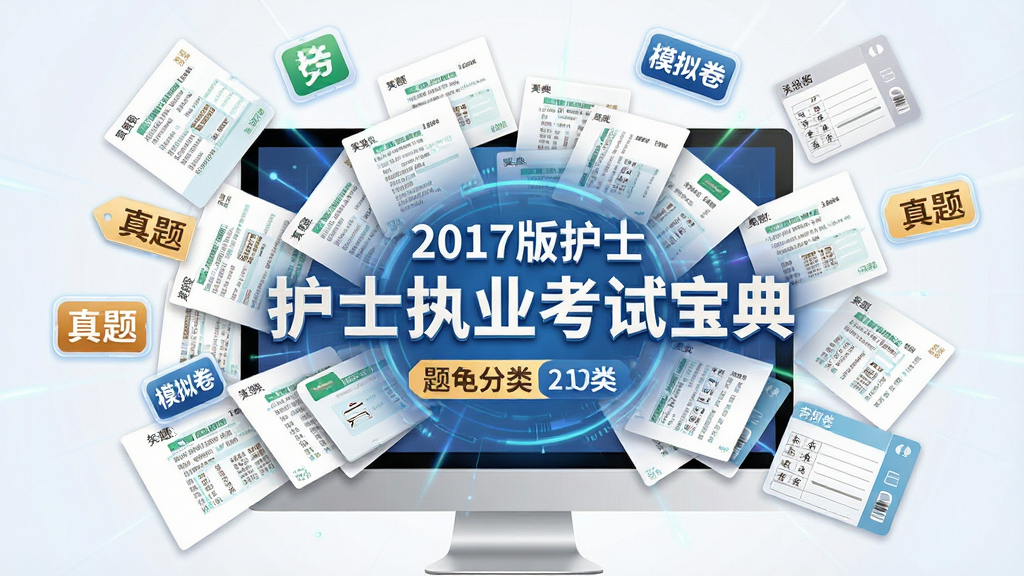 一张以“2017版护士执业考试宝典”为主题的图片,主体为大量试题卡片从屏幕中飞出的视觉效果,布局采用中心放射状构图,排版突出题库数量与分类标签,风格为现代教育科技风,细节包含“护士执业考试宝典”字样、真题标签、模拟卷图标与答题卡元素,画质清晰,画面干净,无多余装饰