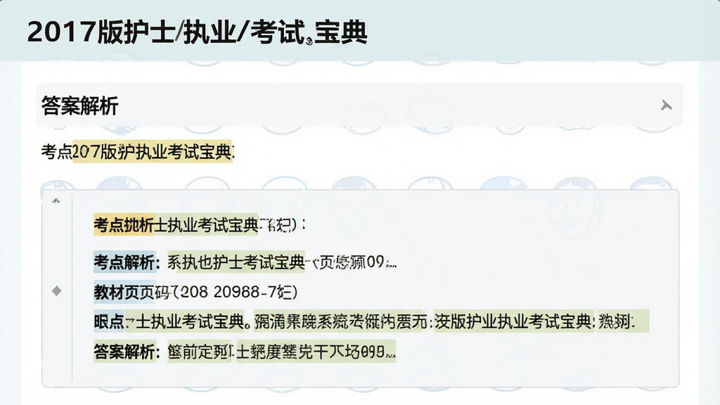 一张展示“2017版护士执业考试宝典”答案解析界面的图片,主体为题目下方展开的解析文本框,布局为上下结构,排版突出考点关键词,风格为清爽阅读风,细节包含“答案解析”标题、考点标注、教材页码引用与重点高亮,画质高清,画面干净,无多余元素