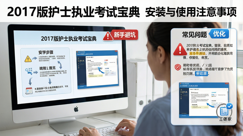 一张展示“2017版护士执业考试宝典”安装与使用注意事项的图片,主体为电脑屏幕前用户正在操作软件,布局为左右分栏,左侧为安装步骤示意,右侧为常见问题提示框,排版清晰,风格为实用教程风,细节包含“新手避坑”文字、红色警告图标、蓝色优化标签与软件界面缩略图,画质高清,画面干净,无多余元素