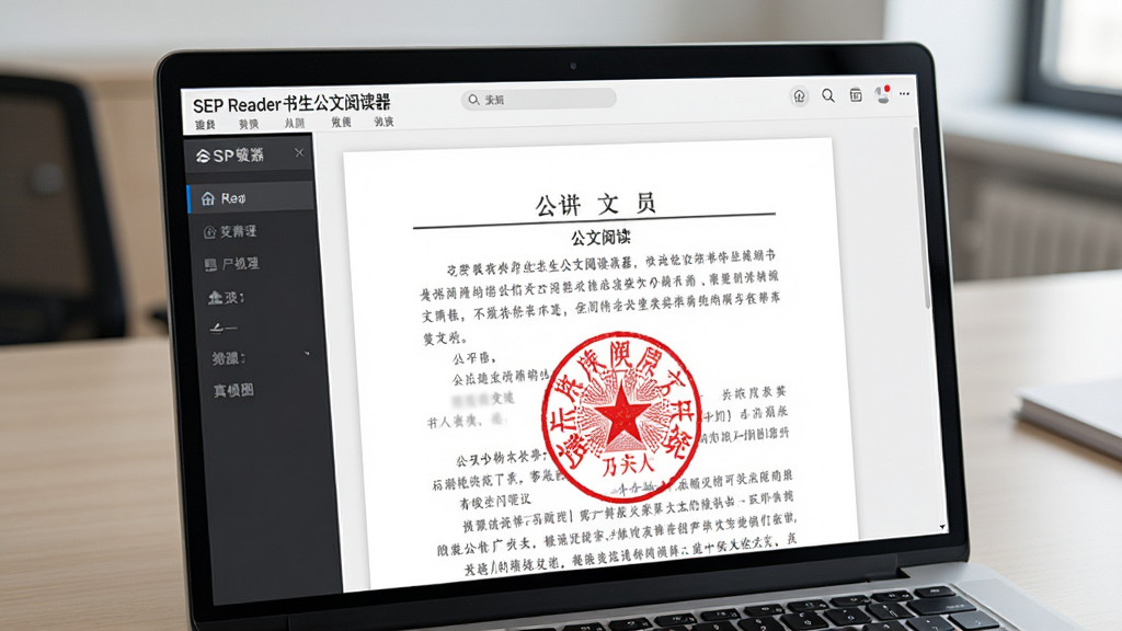 AI生图,画面主体为一台笔记本电脑屏幕,屏幕上显示SEP Reader书生公文阅读器正在打开一份带红色印章的公文,印章清晰可见,页面排版规整,字体为仿宋体,背景为简洁的办公桌面,风格写实,画质清晰,画面干净,无多余元素
