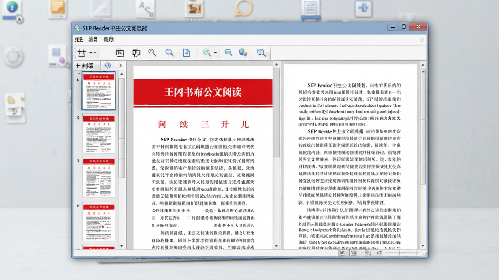 软件主界面全景展示,画面中央是SEP Reader书生公文阅读器窗口,打开着一份红头文件,左侧为页面缩略图导航栏,右侧为正文阅读区,顶部工具栏清晰可见打开、打印、缩放等按钮,整体布局为经典办公软件风格,背景为浅灰色桌面,画面干净整洁,分辨率高,细节清晰,无多余元素